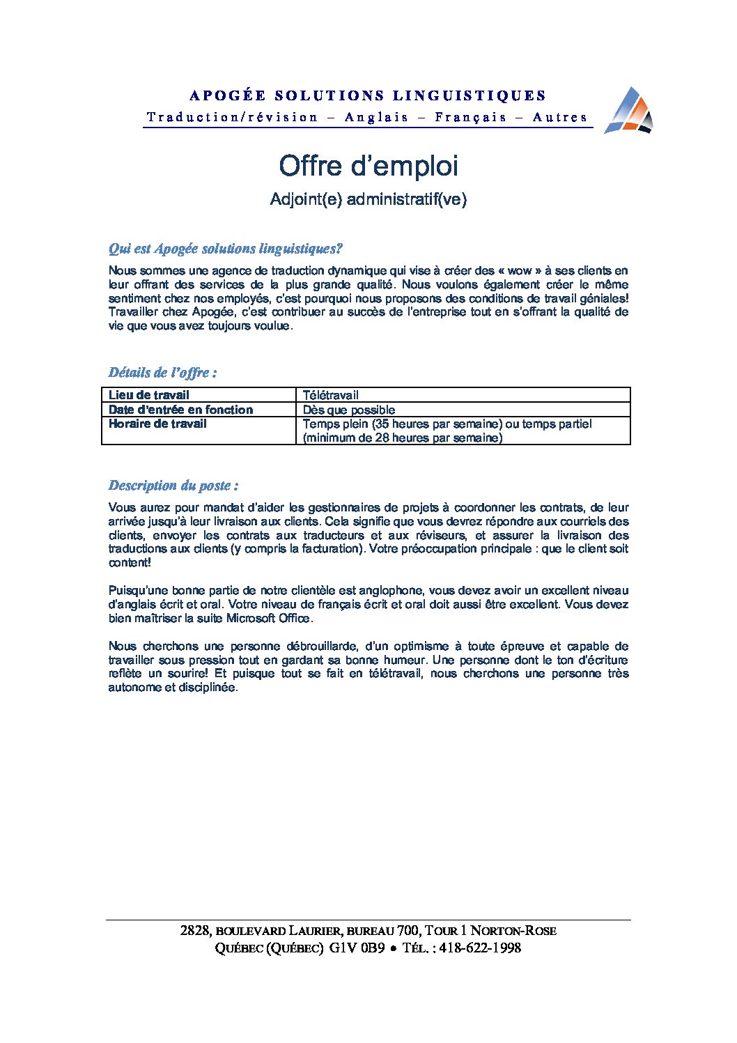 Offre d'emploi Adjoint administratif_août 2021